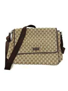 Gucci Shoulder Bag Logo Leather Plate GG Canvas Beige